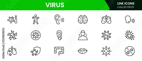 Flu and coronavirus icons set. Collection of linear simple web icons such as hygiene, disinfection, symptoms, treatment, virus, prevention and other.