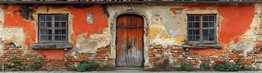 An aged building facade featuring windows and a weathered wooden door An aged building facade featuring windows and a weathered wooden door