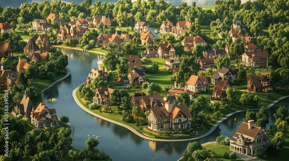 Obraz premium This 3D map illustrates a quaint downtown area featuring elegant Victorian homes, vibrant parks, and a riverside setting, all surrounded by lush forest greenery.