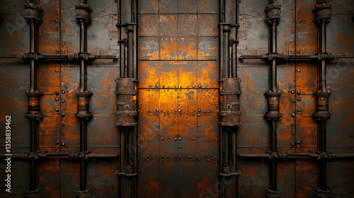 Textured Metal Door with Rust and Industrial Elements on a Weathered Background