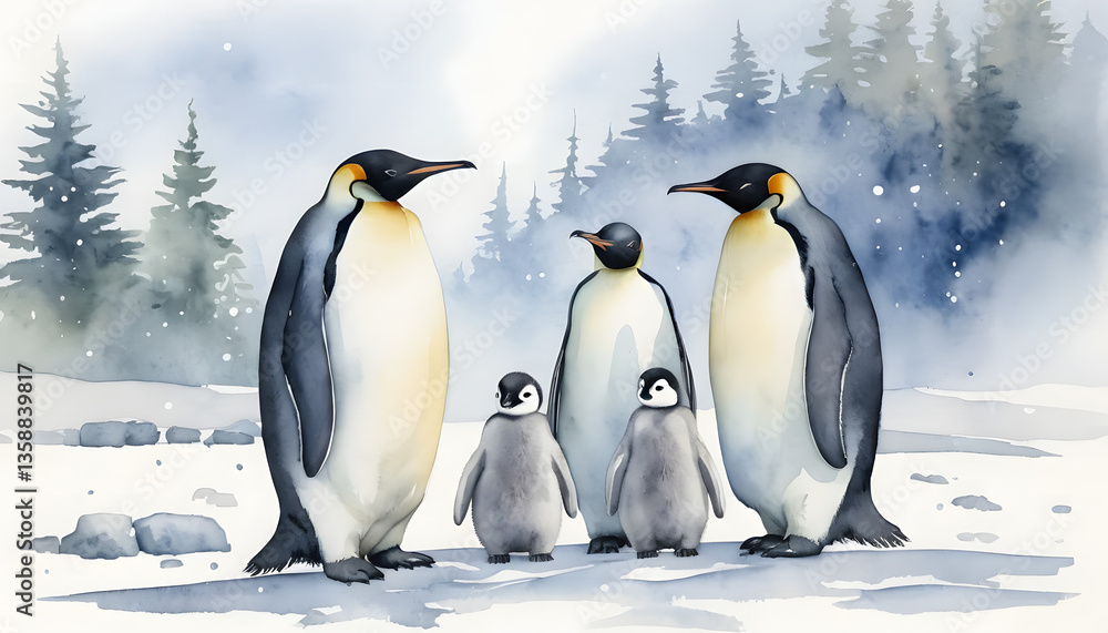 Obraz premium Watercolor illustration depicting adult emperor penguins and chicks in a snowy setting