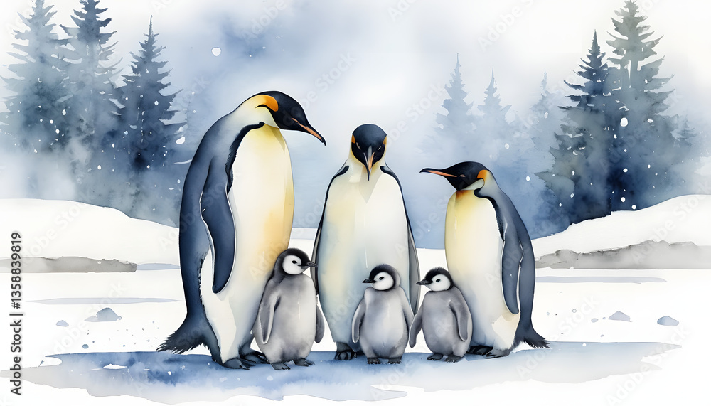 Fototapeta premium Watercolor illustration depicting adult emperor penguins and chicks in a snowy