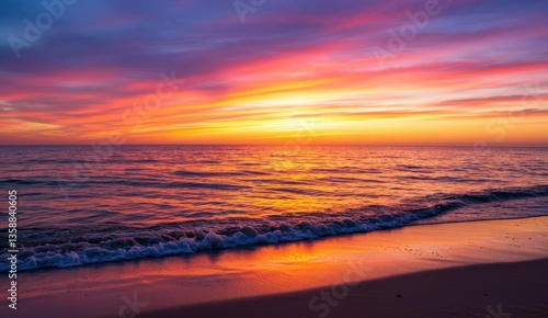 Fototapeta Naklejka Na Ścianę i Meble -  Colorful sunset over the ocean on a sandy beach,