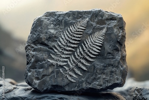 A dark grey stone with two fossilized fern imprints, showcasing ancient plant life preserved in rock.