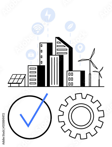 Modern city buildings with wind turbines, solar panels, and connectivity icons. Includes symbols for approval and settings. Ideal for green energy, smart cities, urban planning, technology, internet