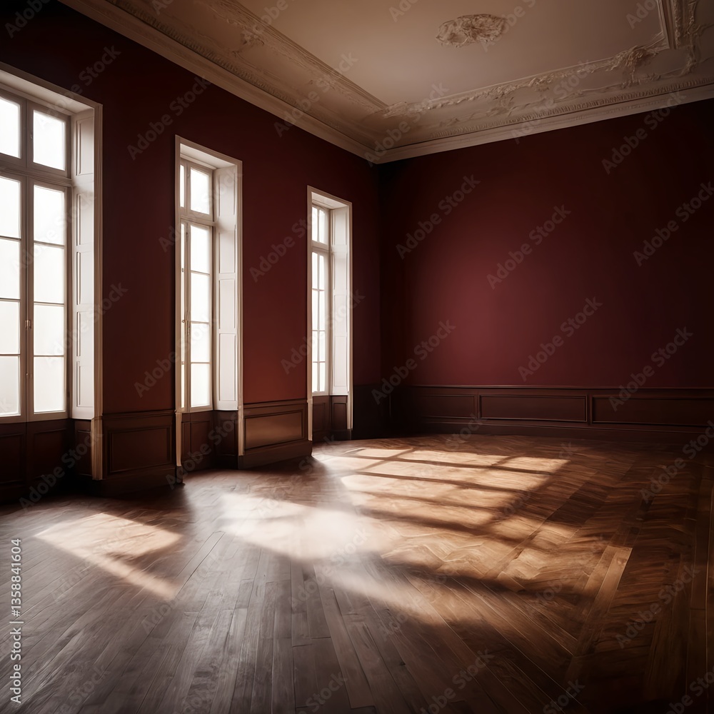 Sunlit Empty Room with Dark Red Walls and Herringbone Wood Floor Sunlit Empty Room with Dark Red Walls and Herringbone Wood Floor