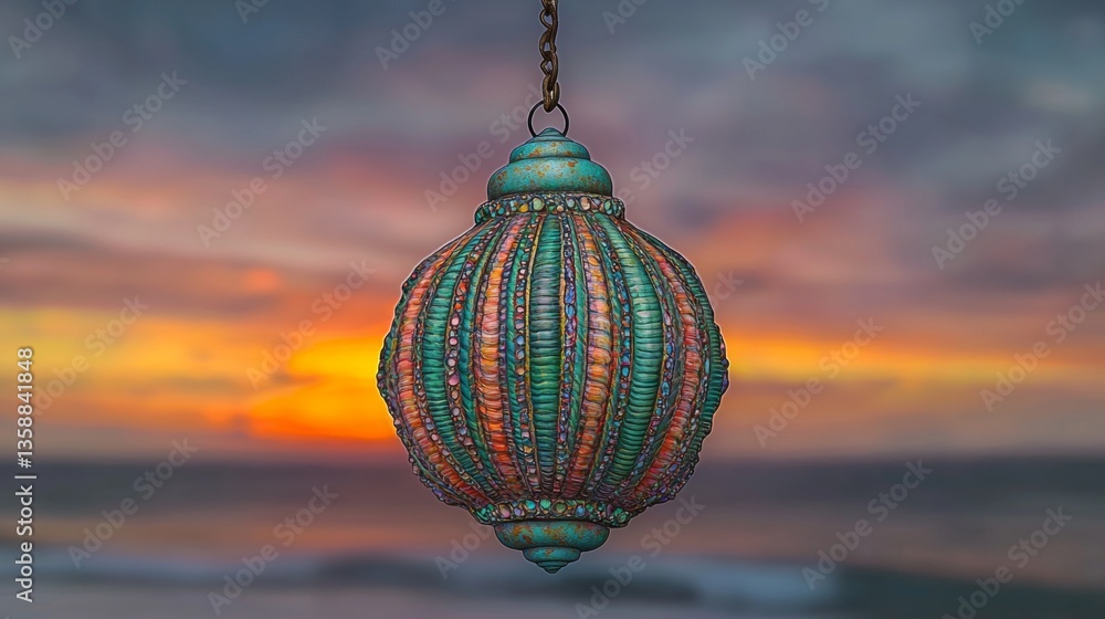 Obraz premium Colorful ornate lantern hanging against a scenic background of sunset and ocean waves, creating a serene atmosphere
