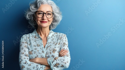 Smiling Elderly Woman with Grey Hair and Glasses Against Blue Background