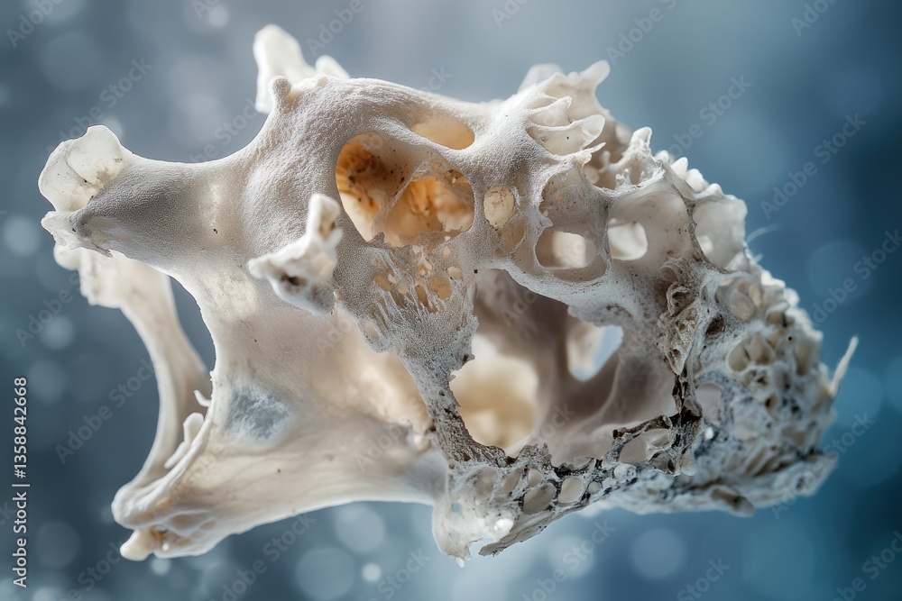 Close-up of a porous, weathered bone fragment, possibly animal skull, showing intricate detail and texture. Close-up of a porous, weathered bone fragment, possibly animal skull, showing intricate detail and texture.