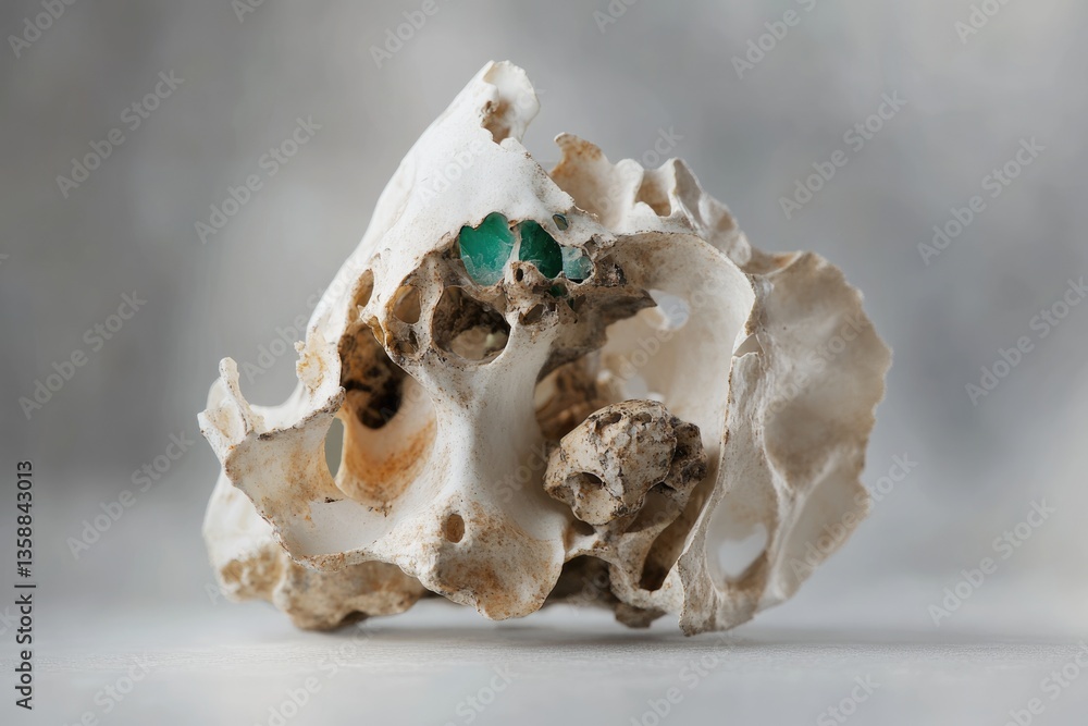 Naklejka premium Porous bone structure with embedded green gemstone, possibly a fossilized bone with inclusions.
