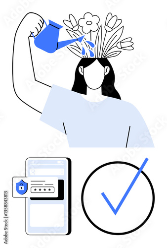 Woman watering flowers growing from her head symbolizing self-care and growth. Mobile app screen with login security and checkmark reinforcing digital safety. Ideal for wellness, security