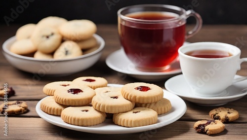 Wallpaper Mural Shortbread cookies with jam filling in white saucer, white cup with hot tea, cookie on wooden table
 Torontodigital.ca