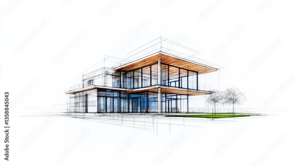 Modern Two Story House Architectural Sketch with Wood Accents Modern Two Story House Architectural Sketch with Wood Accents