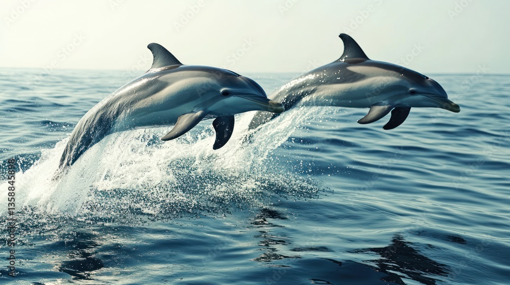 Fototapeta premium Two dolphins jumping in the ocean