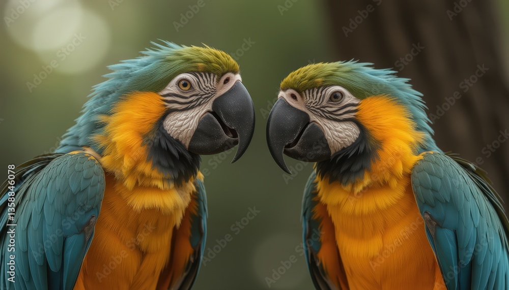 Fototapeta premium Two colorful macaws interacting in a natural setting 