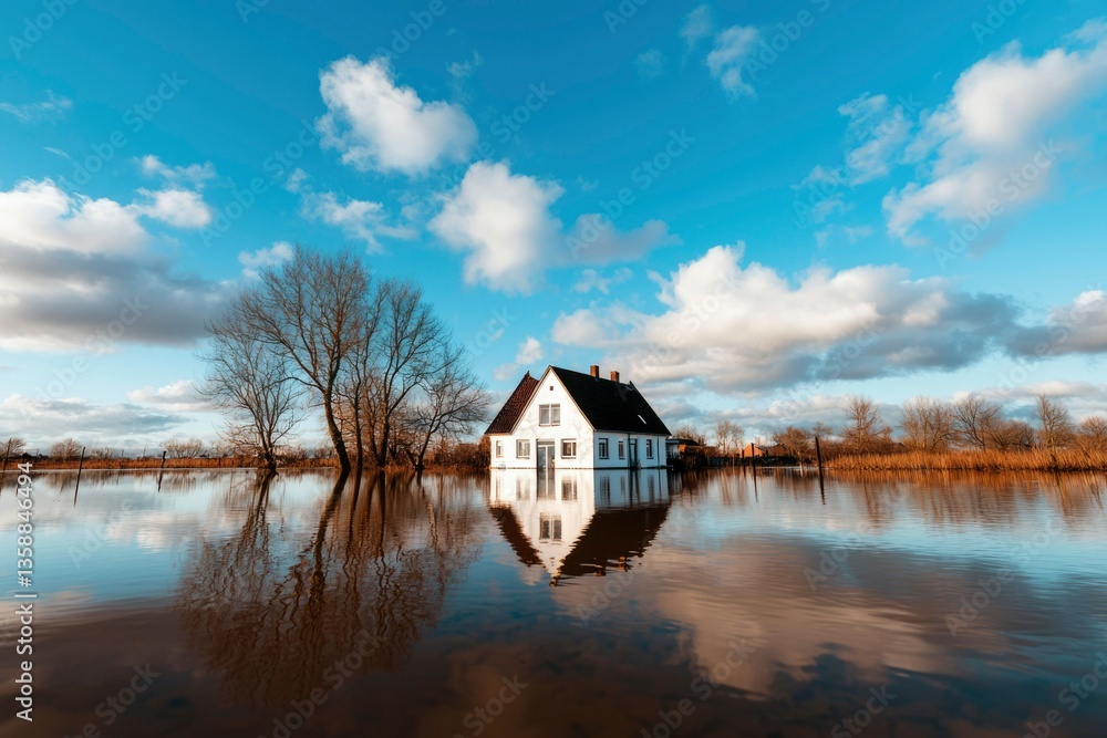 House in water, flood. Rising water levels due to weather, environment change House in water, flood. Rising water levels due to weather, environment change