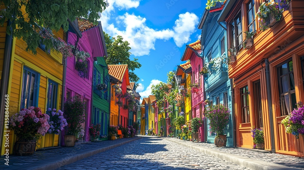 Fototapeta premium Picturesque city view of wooden houses in a rainbow of colors lined neatly along cobblestone streets bright blue sky in the backdrop.