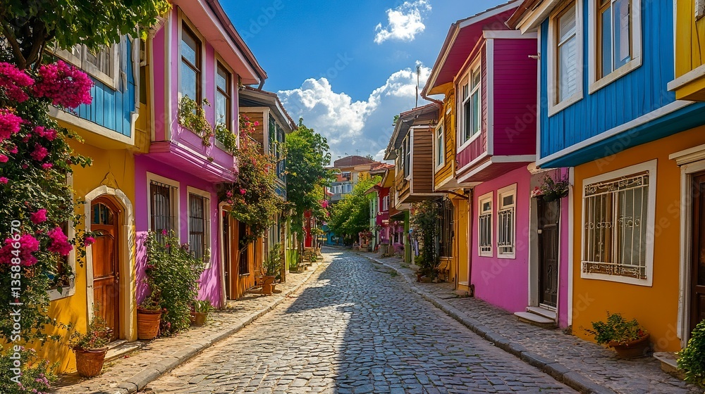 Fototapeta premium Picturesque city view of wooden houses in a rainbow of colors lined neatly along cobblestone streets bright blue sky in the backdrop. 