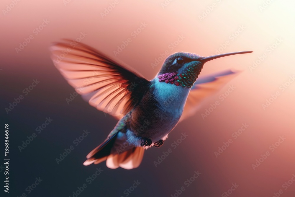 Fototapeta premium Hummingbird in flight with sunset background for nature blog, print or wall art