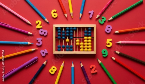 Colorful pencils and numbers surround an abacus on a red background,