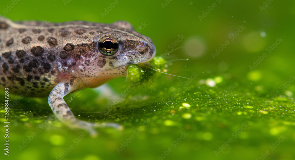 Fototapeta premium Spring awakening of tadpoles, Close-up of a tadpole feeding on algae in clear water