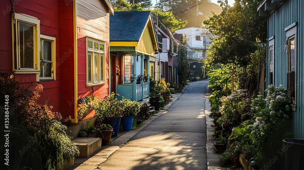 Fototapeta premium Quaint city street lined with colorful wooden homes rustic textures and vibrant paintwork warm sunlight adding charm and character.