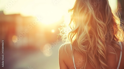 Woman with blonde hair backlit by sunset.