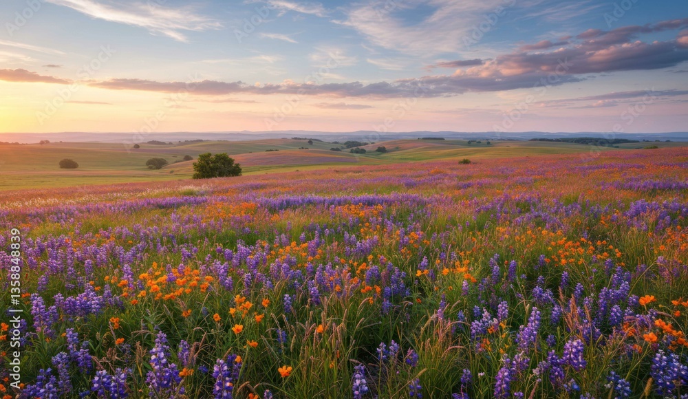 Obraz premium Vibrant wildflowers blanket rolling hills at sunset, Peaceful vista,