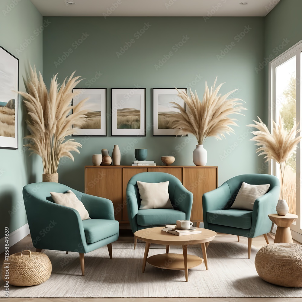 Modern Living Room Interior with Teal Armchairs and Pampas Grass Modern Living Room Interior with Teal Armchairs and Pampas Grass