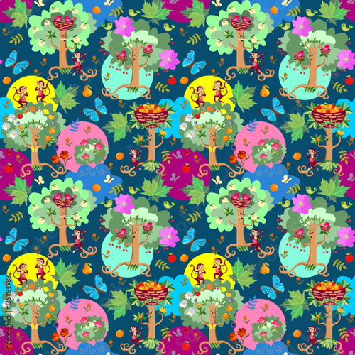 Multicolored seamless pattern for kids. Amazing fruit garden, funny monkeys, ...
