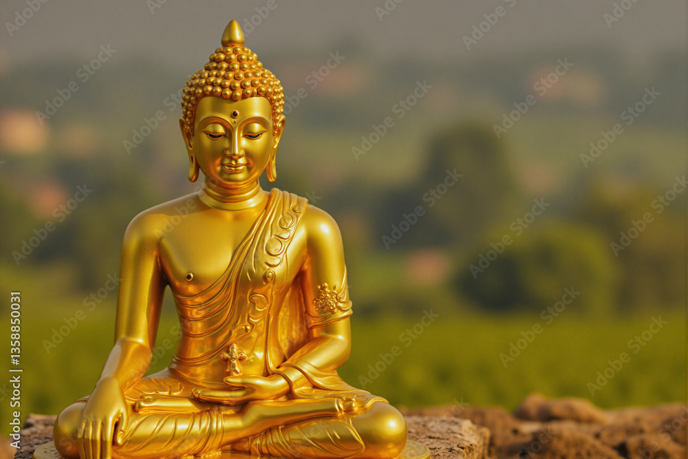 Golden Buddha statue in a serene landscape background Golden Buddha statue in a serene landscape background