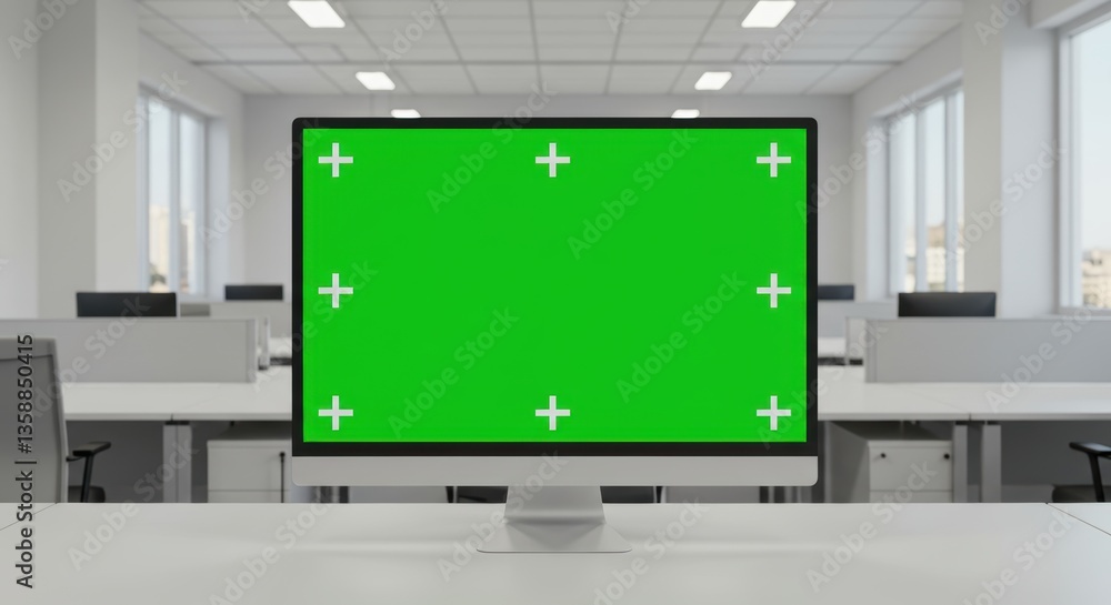 Modern office interior with desktop computer featuring green screen for custom content Modern office interior with desktop computer featuring green screen for custom content