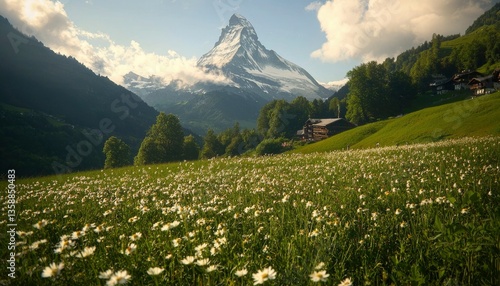 Alpine meadow with daisies in Zermatt, Switzerland, set against the Matterhorn
