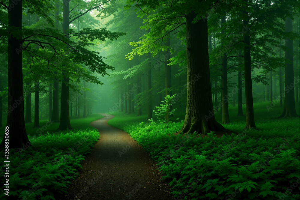 Fototapeta premium Serene forest path leading through lush greenery and mist 