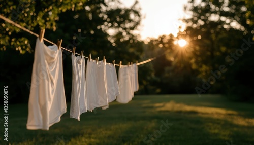Wallpaper Mural Clean laundry drying on rope in backyard with sunset, for summer scene Torontodigital.ca