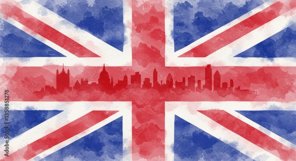 Fototapeta premium Watercolor union jack with london skyline silhouette