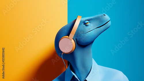 Blue lizard wearing orange headphones against a geometric colorful background in a modern and playful digital art.  