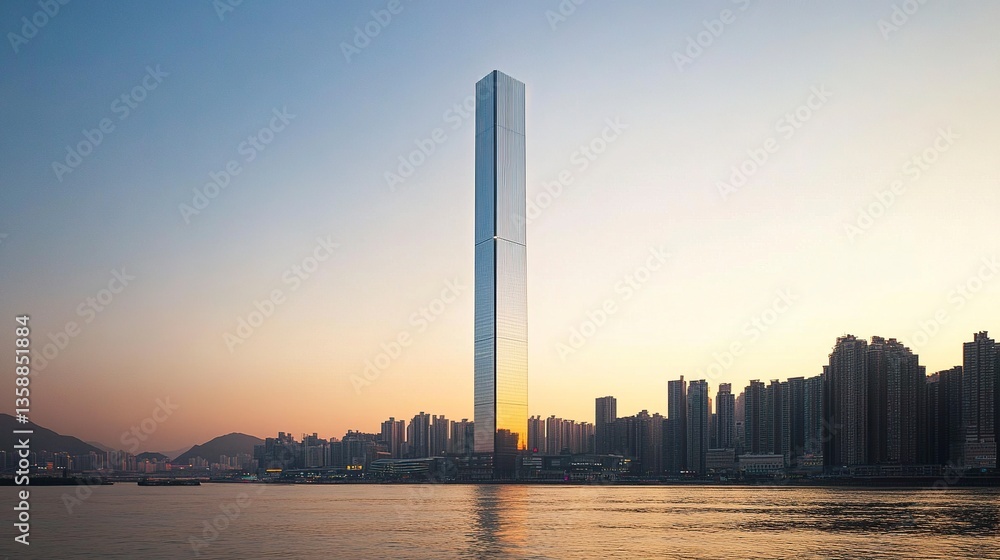 Fototapeta premium Skyscraper towering into a clear sky blank rectangular sign centered at street level warm golden hour highlights panoramic perspective.