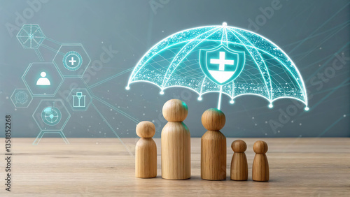 A family of wooden dolls standing under a futuristic, holographic umbrella with a medical plus symbol, highlighting digital health insurance solutions.
