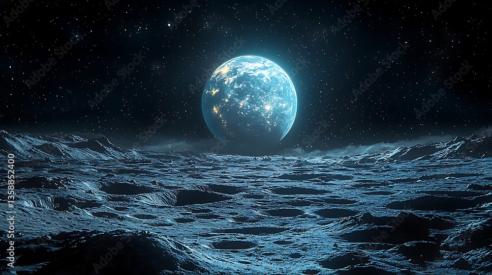 Fototapeta premium Cratered moon surface with earth above shining high resolution image