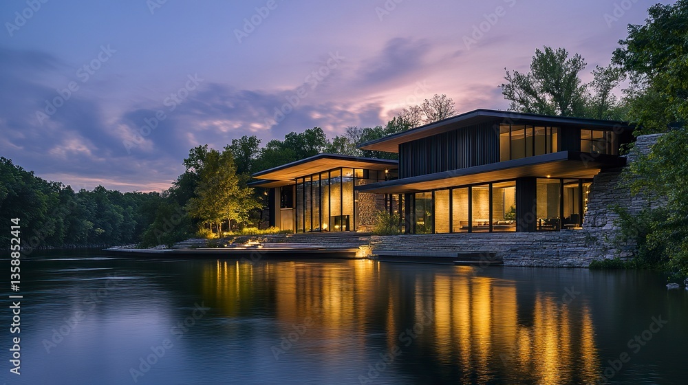 Fototapeta premium Sleek modern home perched by a tranquil river twilight hues shimmering water reflections detailed architecture cinematic view.
