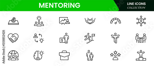 A set of line icons related to Mentoring. Mentor, training, skill, leadership, target, time, communication, plan, education, and so on. Vector outline icons set.
