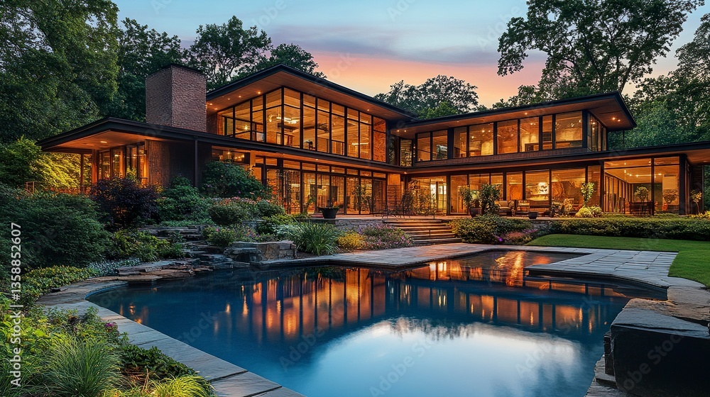 Sleek modern mansion with expansive glass walls infinity pool reflecting soft twilight sky surrounded by lush greenery wide-angle shot. Sleek modern mansion with expansive glass walls infinity pool reflecting soft twilight sky surrounded by lush greenery wide-angle shot.