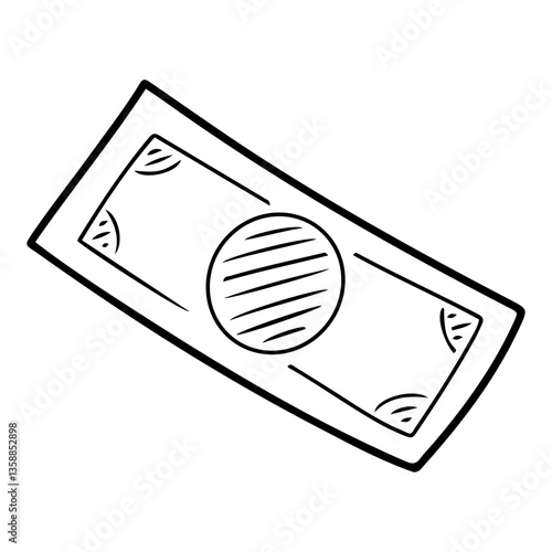 Paper money bill. Hand drawn doodle. Straight banknote. Finance. Banking services. Vector line art illustration.