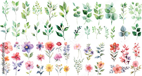 Set of green watercolor leaves on isolated background. watercolor floral package collection. Use by fabric, fashion, wedding invitation, template, poster, romance, greeting, spring, bouquet, pattern
