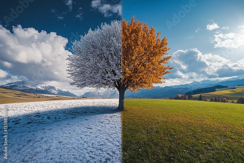 A split-season tree showcases winter on the left and autumn on the right in a scenic mountain landscape