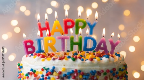A vibrant birthday cake with lit candles spelling 