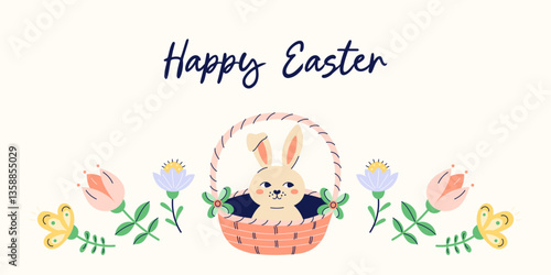 Happy Easter horizontal banner with hare in basket and flowers along the bottom edge on beige background. Design with text. Happy Easter hand drawn card. Flat illustration with partial outline. Vector