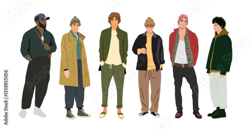 Street fashion men vector illustration. Different young men wearing trendy modern street style autumn outfit standing full length. Cartoon vector realistic illustration isolated