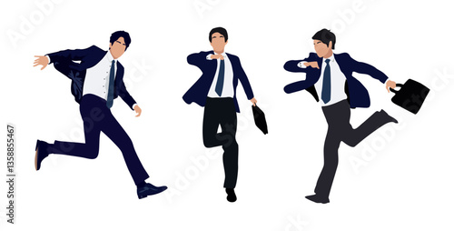 Set of Businessman character running in different poses. Handsome young man wearing formal suit with briefcase front and side view. Vector realistic illustration isolated